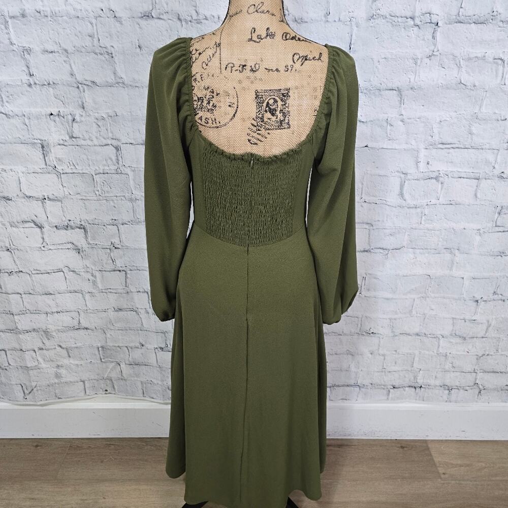 F21 midi dress Sz M green long sleeve side slip A42 - Picture 4 of 4